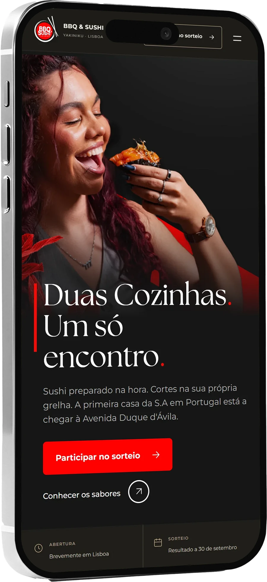 A mesma landing page aberta no iPhone