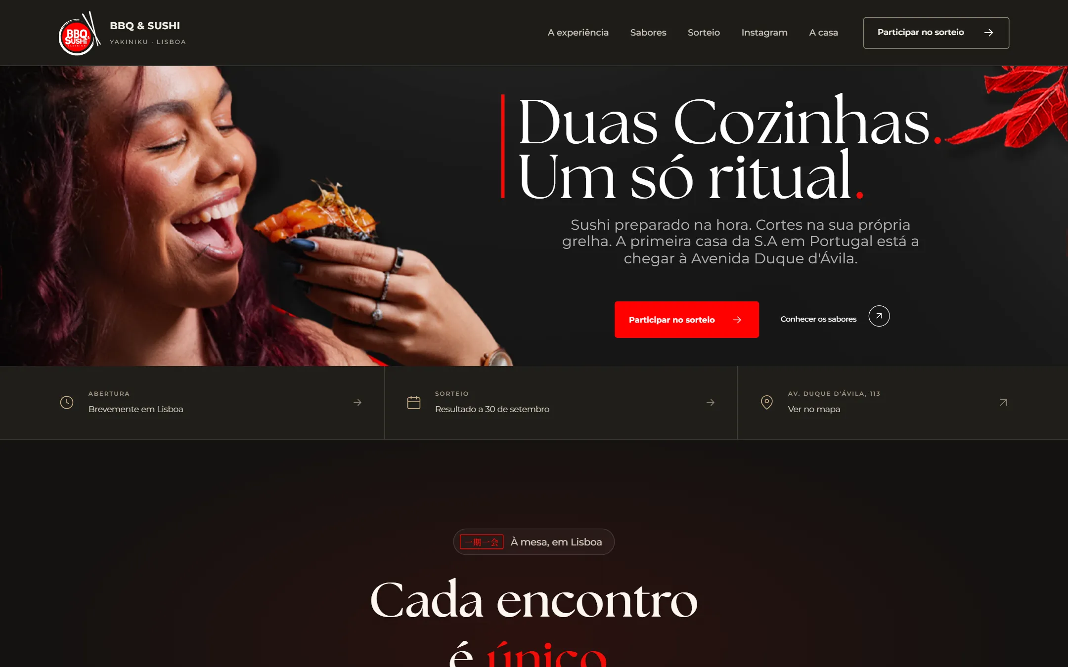 Primeira tela da landing page da S.A Casa do Sushi em Lisboa