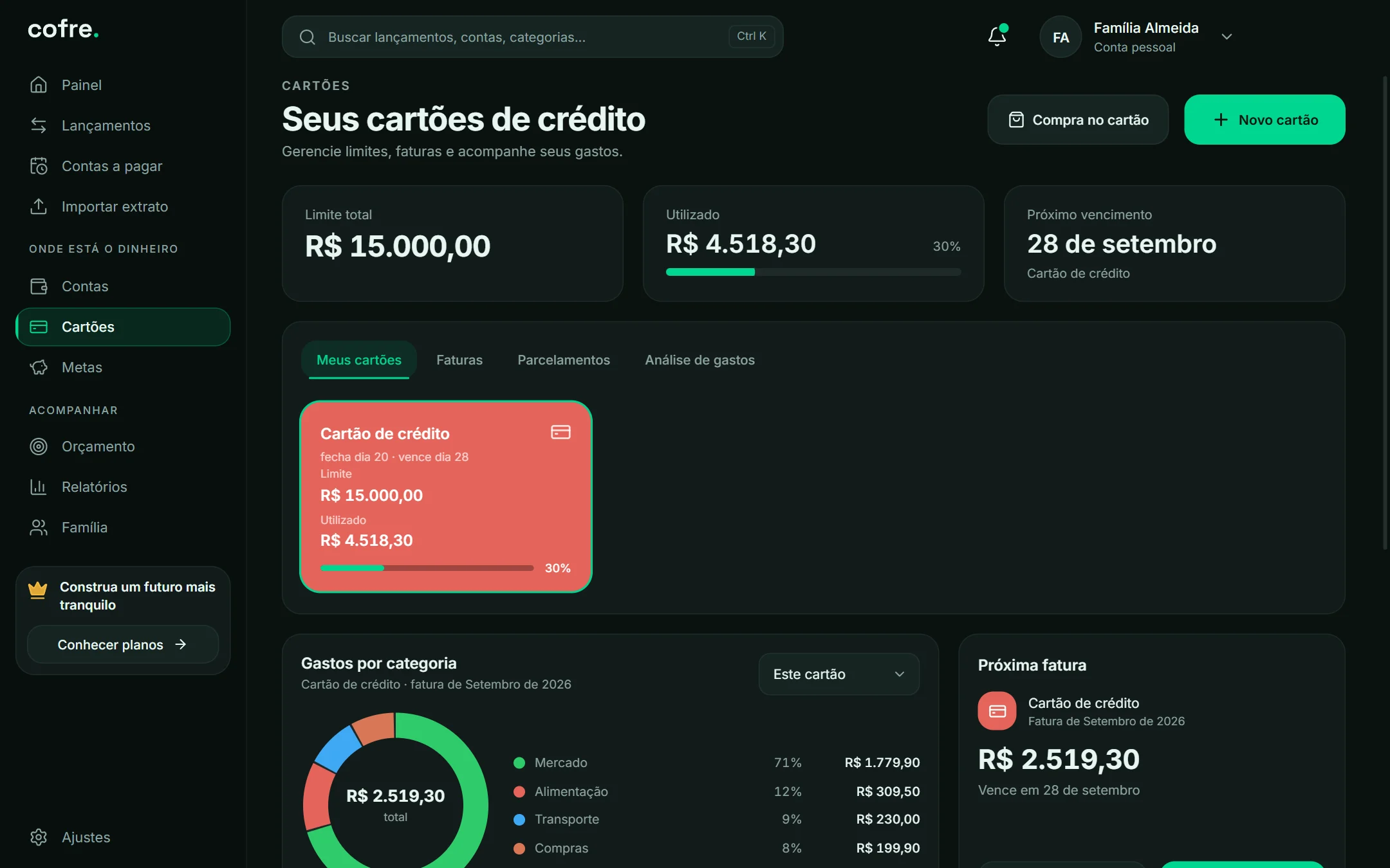 Cartões de crédito no Cofre